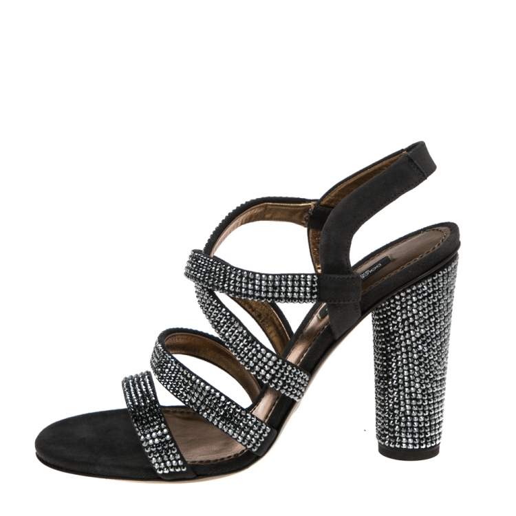 Dolce & Gabbana Dark Grey Crystal Embellished Suede Block Heels – Size 38.5 Brand New