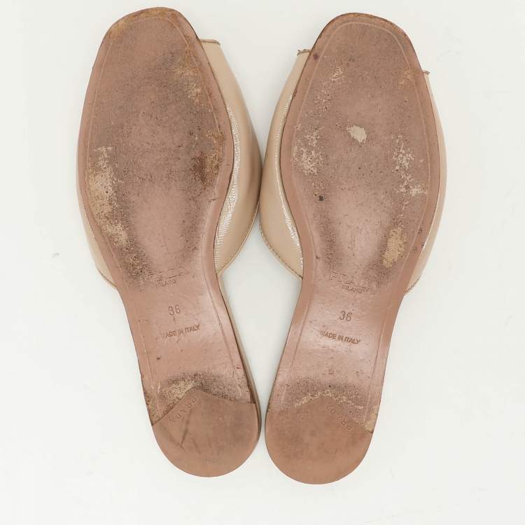 Prada Beige Saffiano  Embellished Slides Size 36
