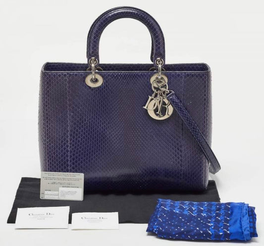 Rare Authentic Lady Dior Large Python Bag – Navy Blue Exotic Leather with Silver Hardware