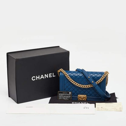 Chanel Medium Boy Bag in Blue Quilted Caviar Leather with Gold Hardware