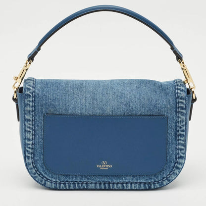 Valentino VLogo Medium Blue Denim and Leather Shoulder Bag