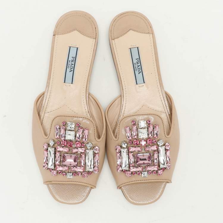 Prada Beige Saffiano  Embellished Slides Size 36