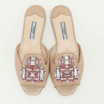Prada Beige Saffiano  Embellished Slides Size 36