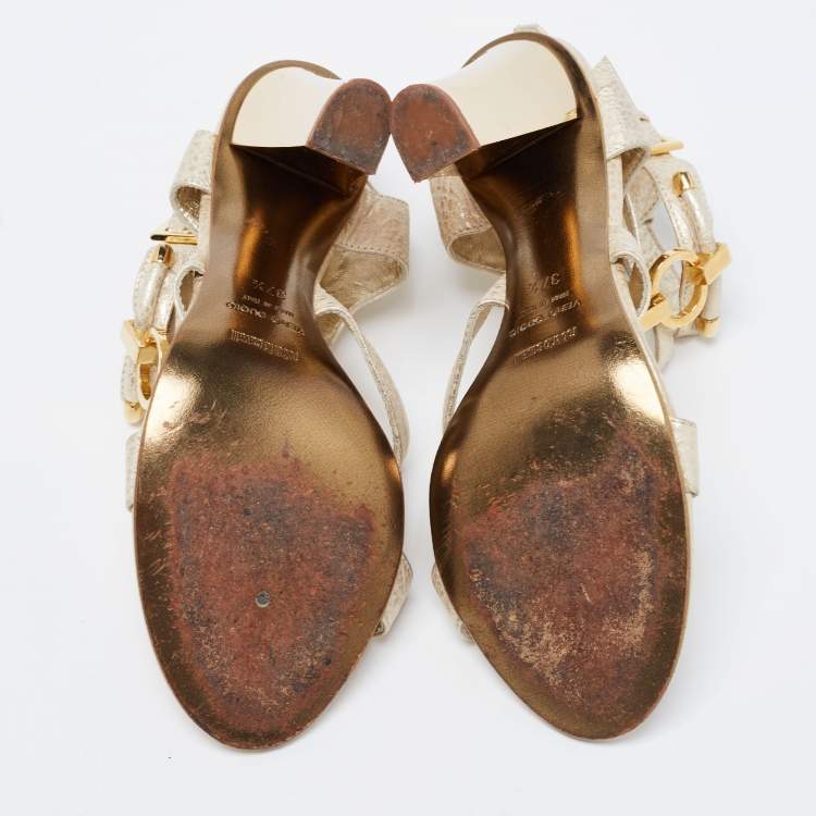 Roberto Cavalli Gold Leather Ankle Strap Sandals Size 37.5