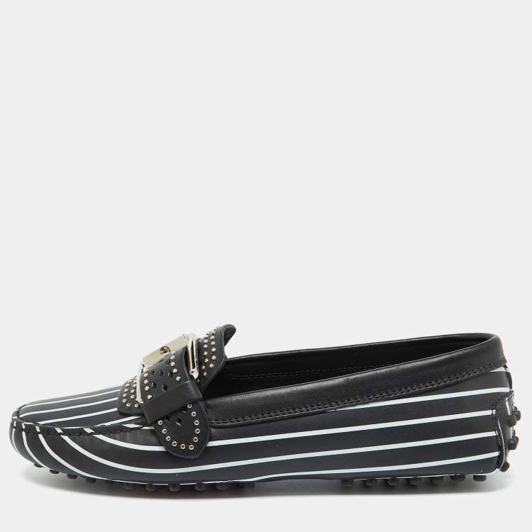 Tod’s Black & White Striped Leather Embellished Loafers - Size 37