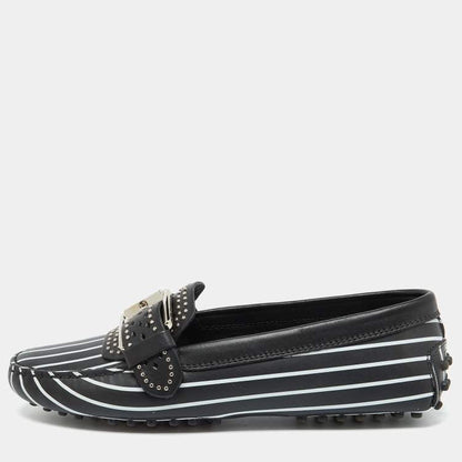 Tod’s Black & White Striped Leather Embellished Loafers - Size 37