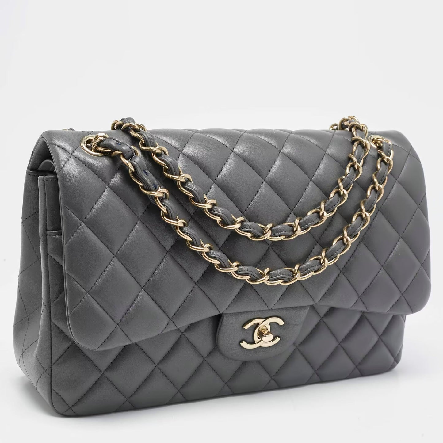 Chanel Grey Quilted Leather Jumbo Classic Double Flap Bag