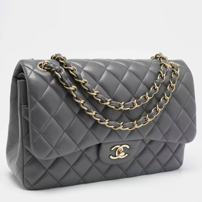 Chanel Grey Quilted Leather Jumbo Classic Double Flap Bag