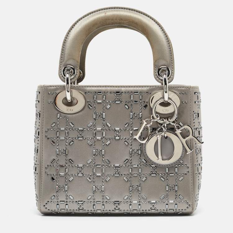 Mini Lady Dior Grey Satin with Beaded Cannage | Fair Condition
