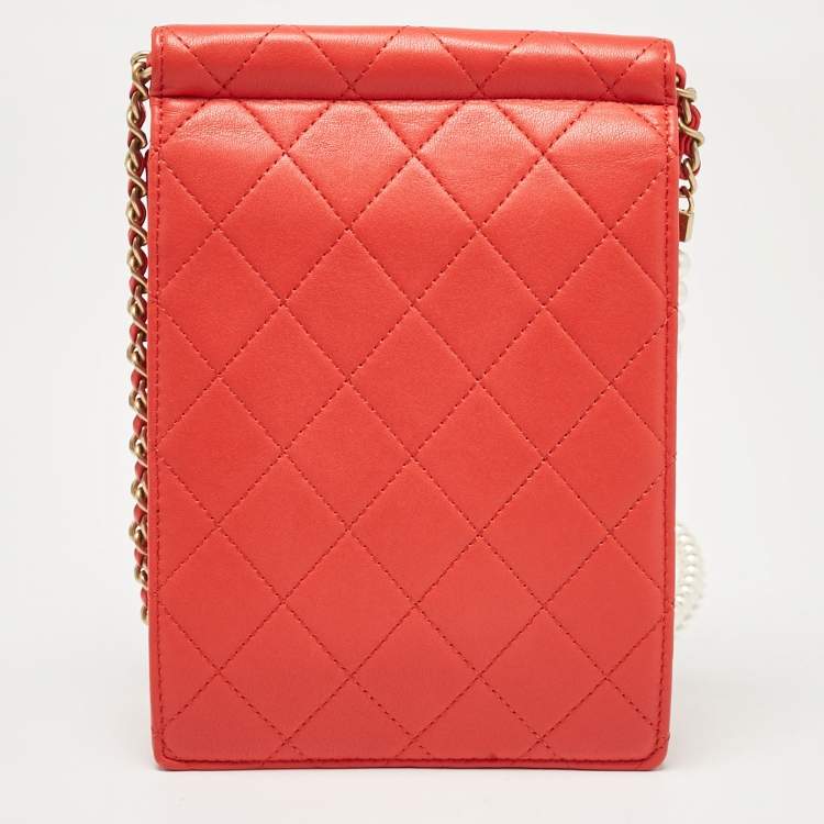Chanel Vertical Pearl Chain Clutch in Red Quilted Leather with Gold Hardware