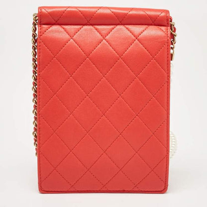 Chanel Vertical Pearl Chain Clutch in Red Quilted Leather with Gold Hardware