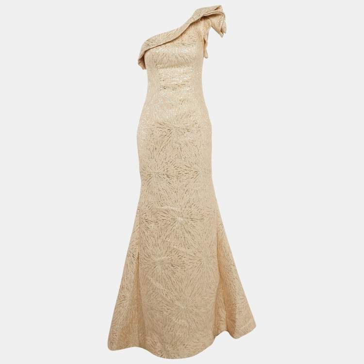 Jovani Beige Lurex Jacquard One-Shoulder Ruffle Gown – Size M – Brand New