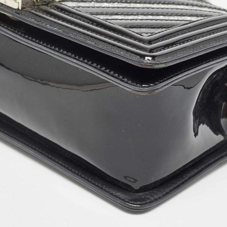 Chanel Black/Silver Chevron Patent Leather Medium Boy Flap Bag