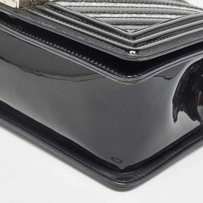 Chanel Black/Silver Chevron Patent Leather Medium Boy Flap Bag