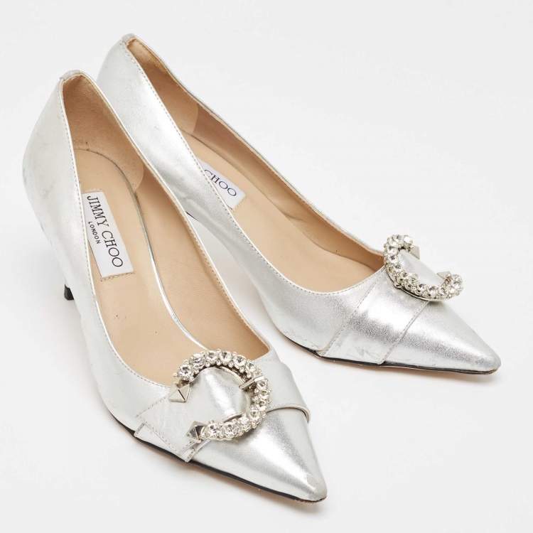 Jimmy Choo Silver Crystal Embellished Leather Pumps Size 37