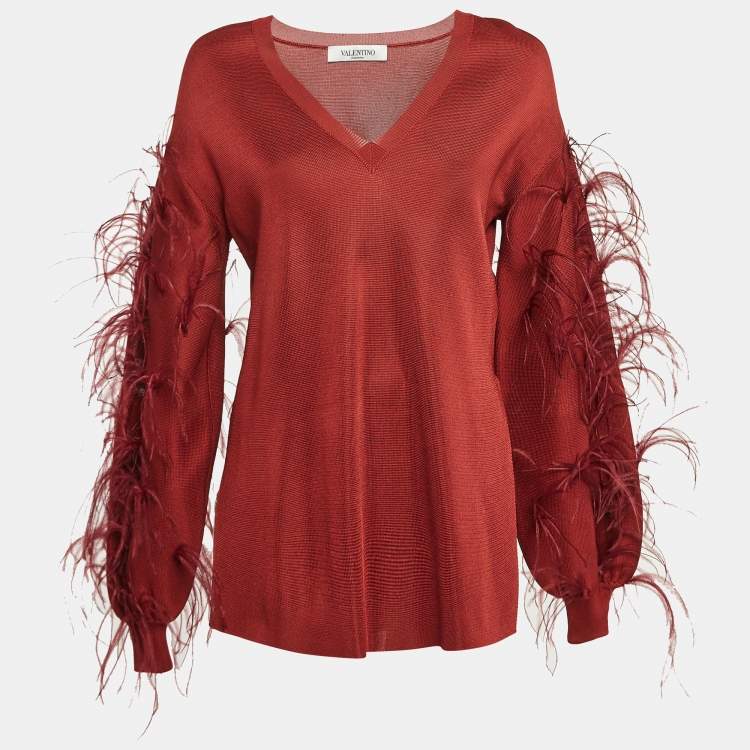 Valentino Red Ostrich Feather Trim Knit V-Neck Sweatshirt – Size S