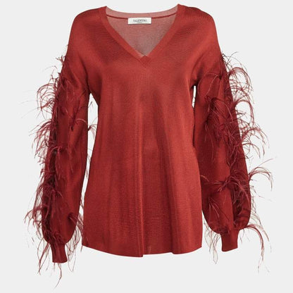 Valentino Red Ostrich Feather Trim Knit V-Neck Sweatshirt – Size S