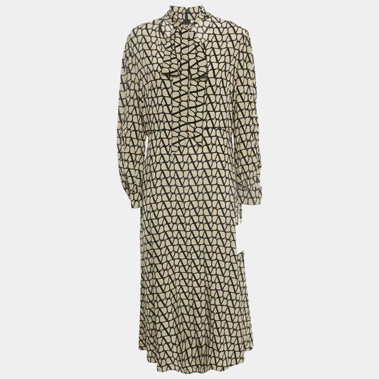 Valentino Beige & Black Logo Print Silk Midi Dress – Size L – Brand New