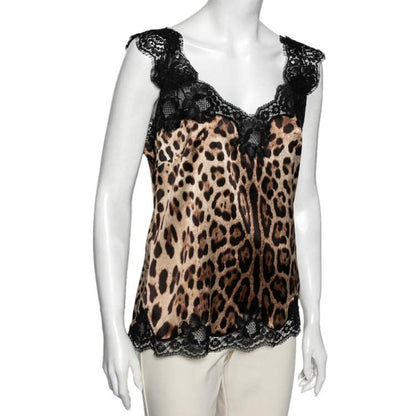 Dolce & Gabbana Leopard Print Silk Lace Trim Top – Size XL – Brand New