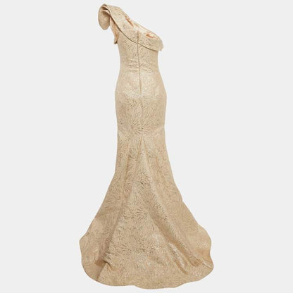 Jovani Beige Lurex Jacquard One-Shoulder Ruffle Gown – Size M – Brand New