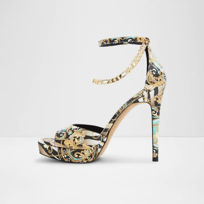 Aldo Statement Heels – Baroque-Inspired Black Multi Print | Sizes 40–41
