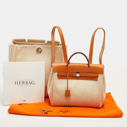 Hermès Ecru/Natural Toile Canvas and Vache Leather Herbag 2-in-1 Backpack