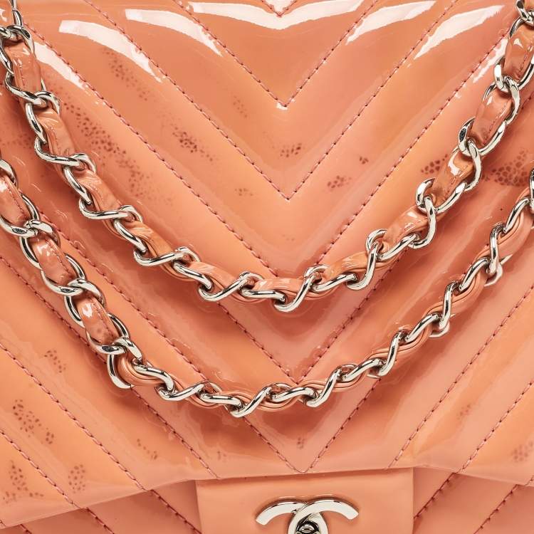 Chanel Pink Chevron Patent Leather Jumbo Flap Bag