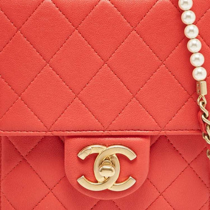 Chanel Vertical Pearl Chain Clutch in Red Quilted Leather with Gold Hardware