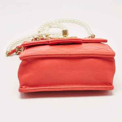 Chanel Vertical Pearl Chain Clutch in Red Quilted Leather with Gold Hardware