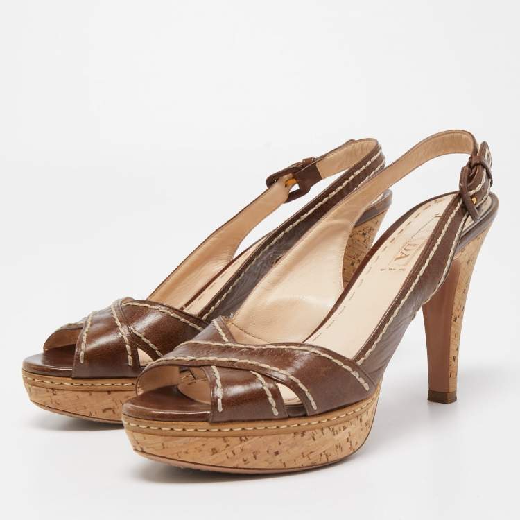 Prada Brown Leather Cork Platform Sandals Size 40