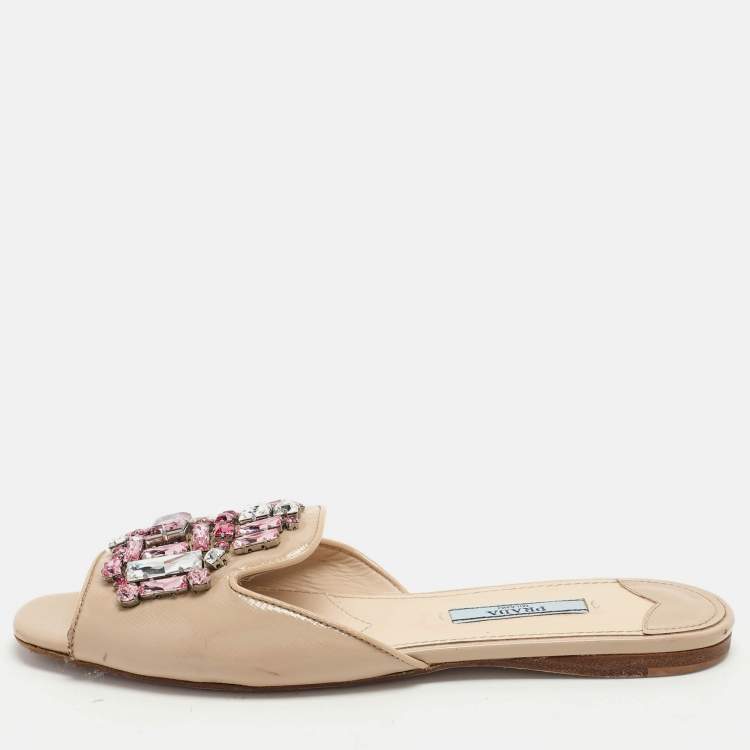 Prada Beige Saffiano  Embellished Slides Size 36