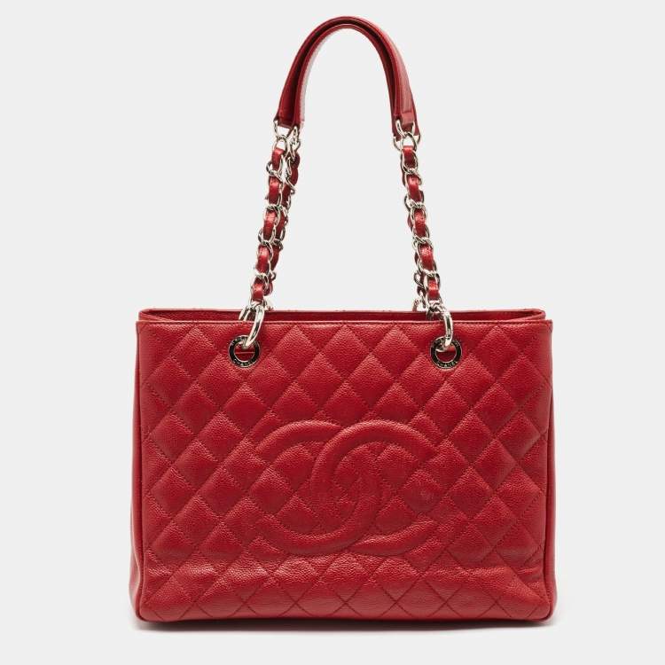 Chanel GST Tote in Red Quilted Caviar Leather with Silver Hardware