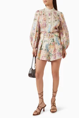 Zimmermann Linen Floral Belted Shorts