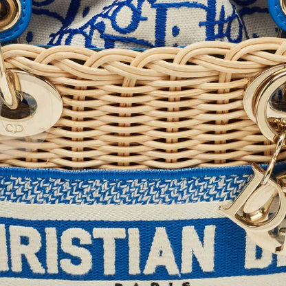 Dior Blue Cream Rattan Mini Lady Dior Tote