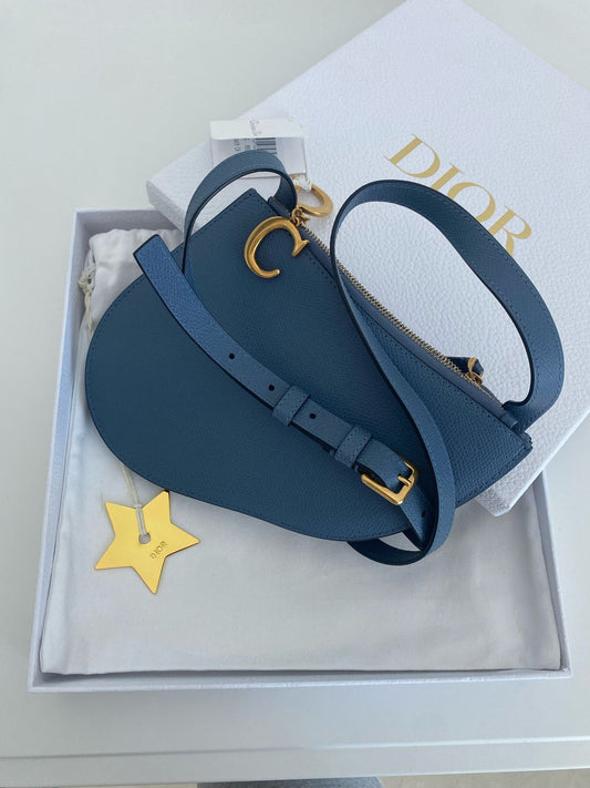 Brand New Dior Saddle Pouch – Denim Blue Leather with Gold Hardware | Rare Full Set with Box & Dust Bag