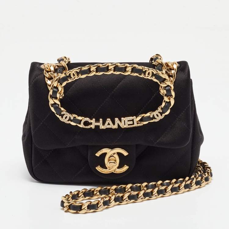 Chanel Black Quilted Satin Top Handle Flap Bag with Gold CHANEL Chain – Excellent Condition