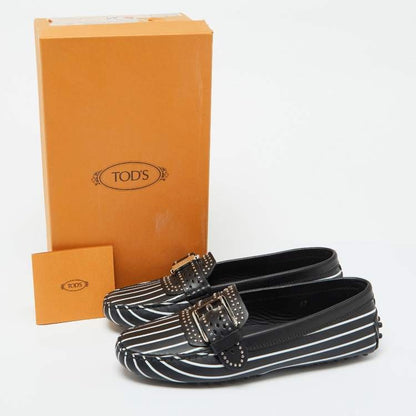 Tod’s Black & White Striped Leather Embellished Loafers - Size 37