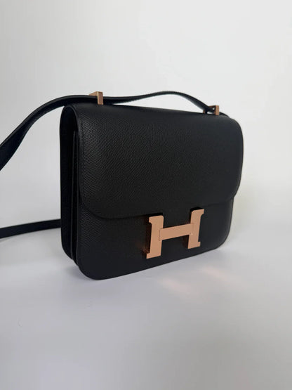 HERMÈS CONSTANCE 18 IN BLACK EPSOM LEATHER ROSE GHW