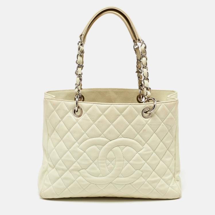 Chanel Cream Quilted Caviar Leather CC Tote