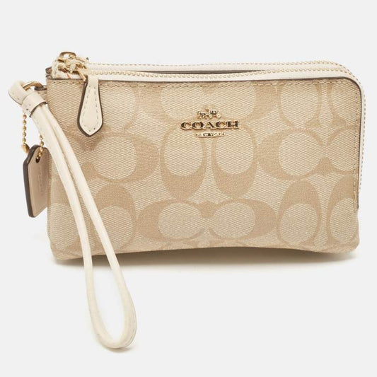 Coach Beige Signature Double Zip Wristlet Pouch