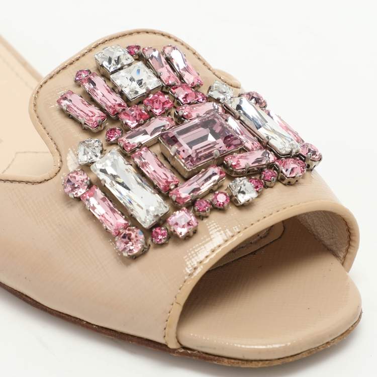 Prada Beige Saffiano  Embellished Slides Size 36