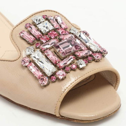 Prada Beige Saffiano  Embellished Slides Size 36