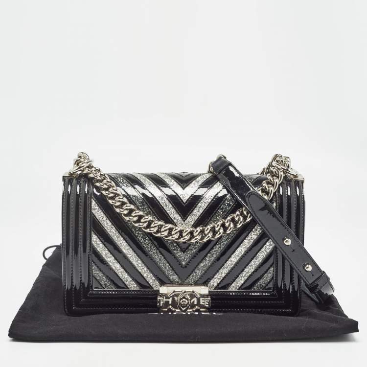 Chanel Black/Silver Chevron Patent Leather Medium Boy Flap Bag