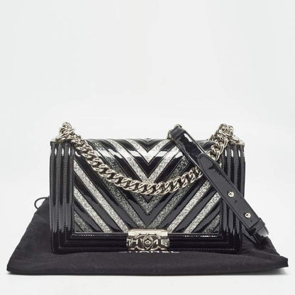 Chanel Black/Silver Chevron Patent Leather Medium Boy Flap Bag