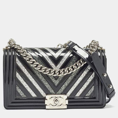 Chanel Black/Silver Chevron Patent Leather Medium Boy Flap Bag