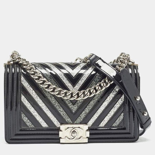 Chanel Black/Silver Chevron Patent Leather Medium Boy Flap Bag