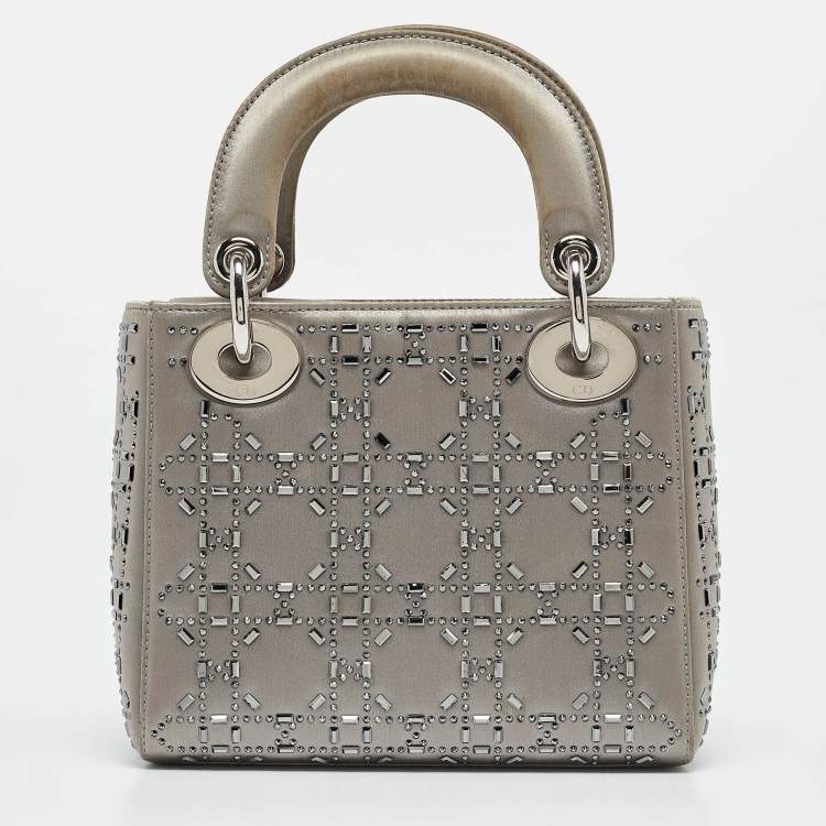 Mini Lady Dior Grey Satin with Beaded Cannage | Fair Condition