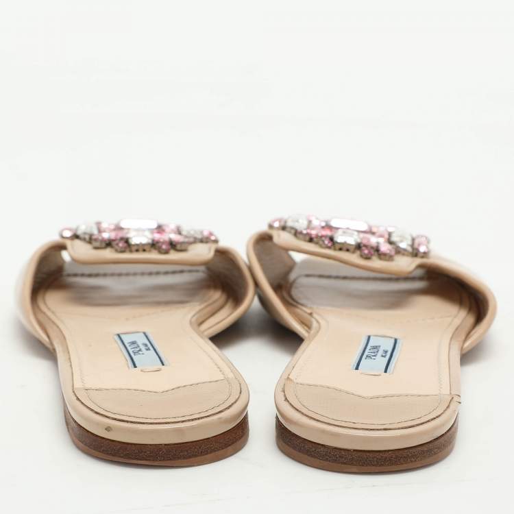 Prada Beige Saffiano  Embellished Slides Size 36