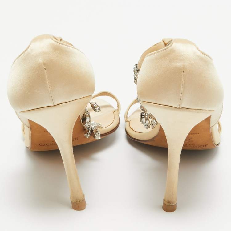 Jimmy Choo Gold Satin Crystal Sandals Size 38 – Embellished Heels