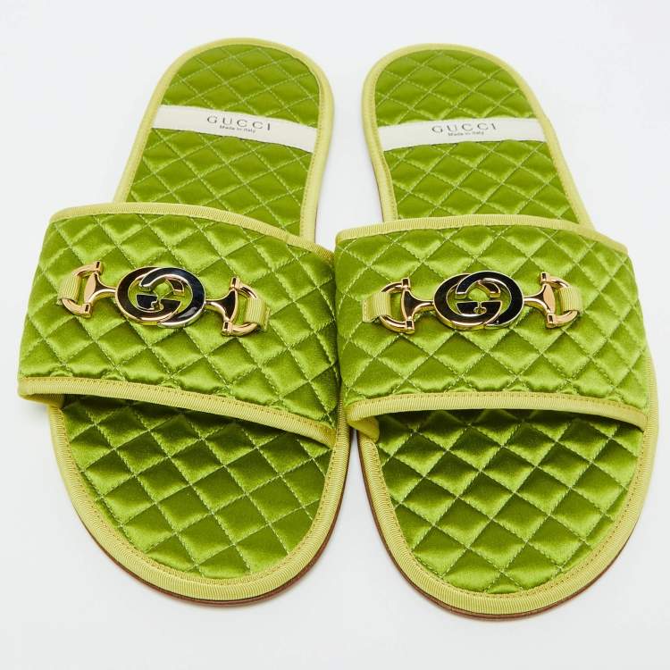 Gucci Green Quilted Satin G Logo Slides – Size 44 – Brand New